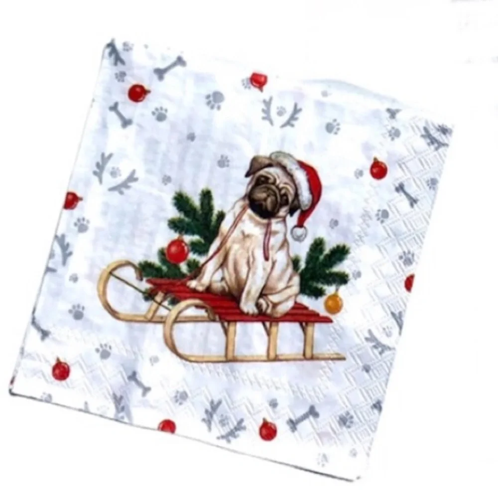 One (1) Individual Christmas Pets Christmas Decoupage Cocktail Napkin